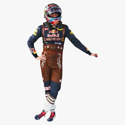 A full-body figure wearing a Red Bull racing suit, helmet, goggles, and racing shoes on a plain light gray background.