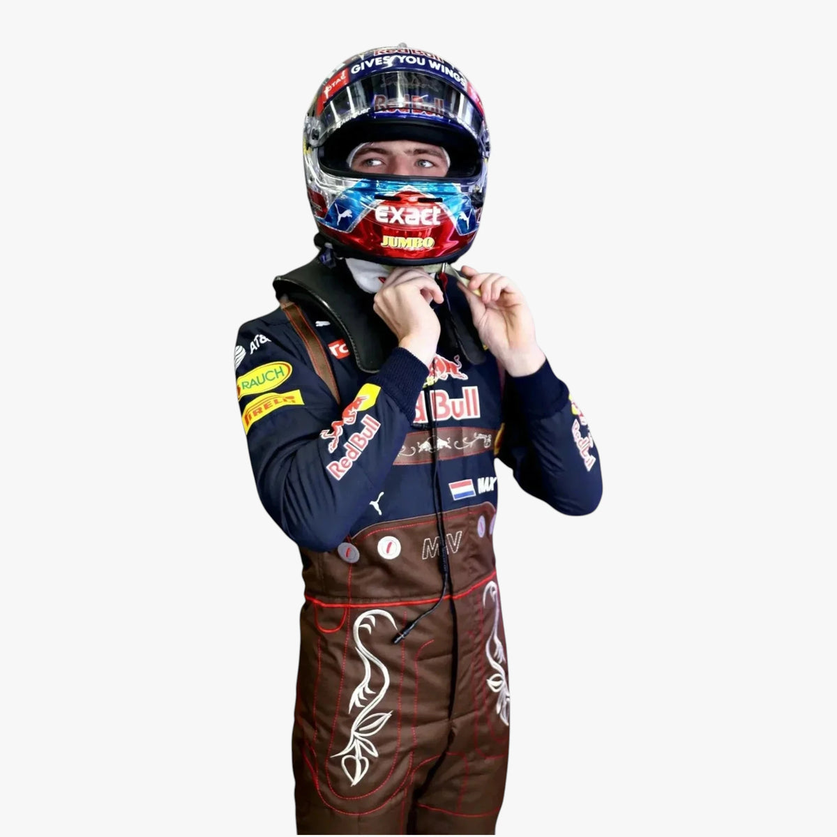 A person wearing a full racing helmet and a dark Red Bull racing suit with brown bib panels, standing against a plain light gray background.
