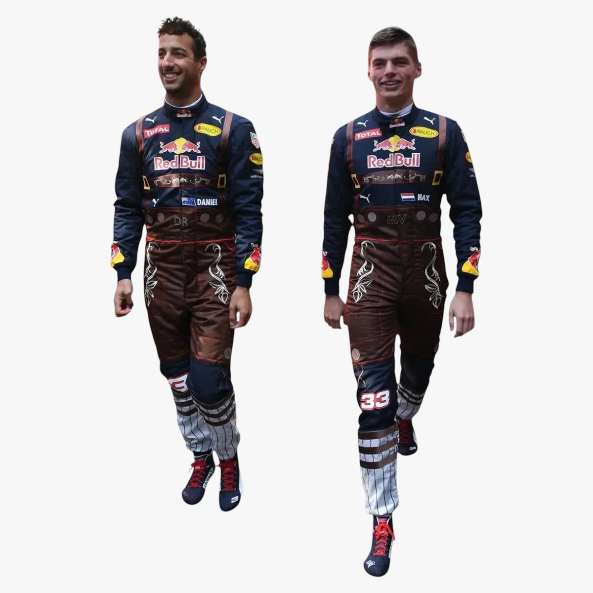 Two men modeling matching Red Bull Racing team jumpsuits and boots against a plain white background.