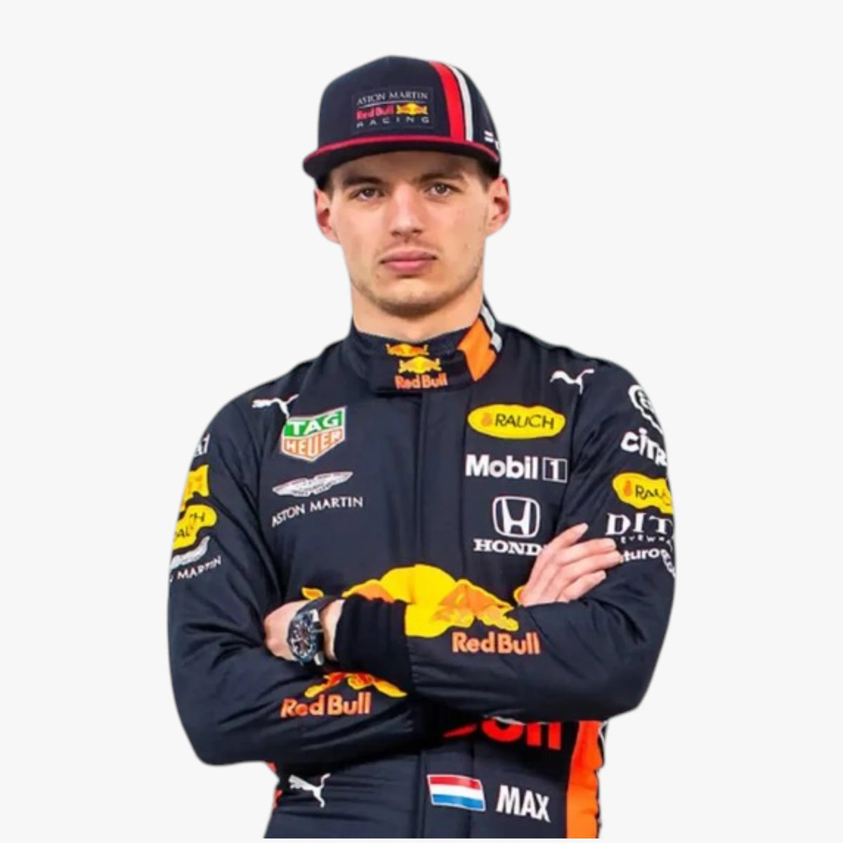 Red Bull Racing driver Max Verstappen wearing a dark navy team jacket with multiple sponsor logos and a matching cap, posed against a light gray background.