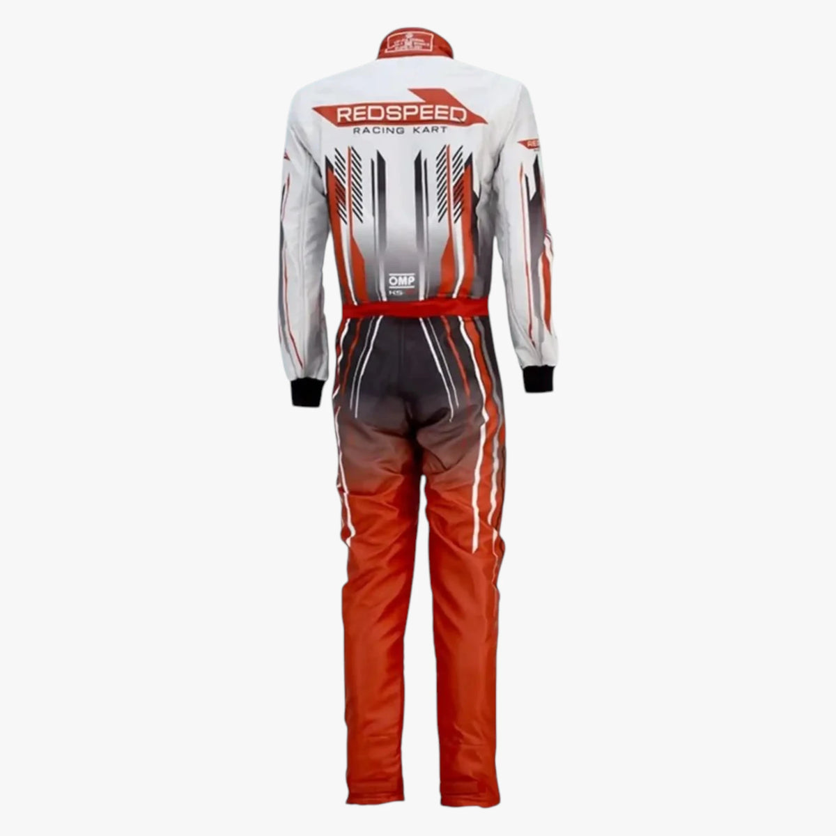 A back view of a Redspeed Racing Team long-sleeve racing suit, featuring a white upper back with red and black graphics, a red waist belt, and a red-to-black gradient lower body with white side stripes, set against a plain white background.