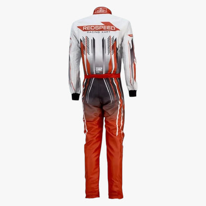 A back view of a Redspeed Racing Team long-sleeve racing suit, featuring a white upper back with red and black graphics, a red waist belt, and a red-to-black gradient lower body with white side stripes, set against a plain white background.