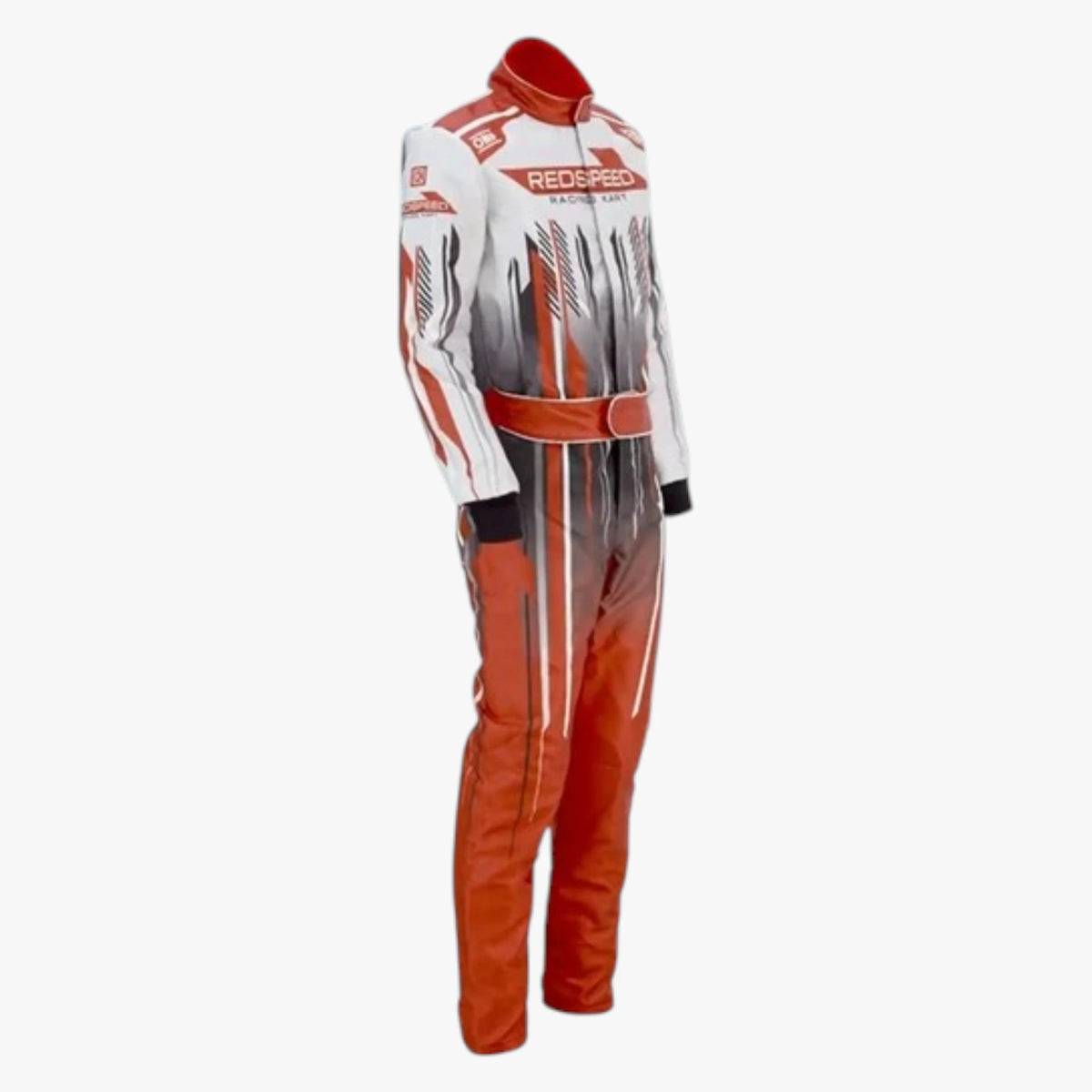 A full-body racing suit displayed on a mannequin against a plain light gray background. The suit is primarily white and orange with a gradient gray section on the torso, black cuffs, and a red collar.