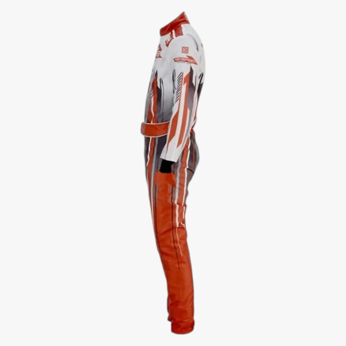 A side-profile view of a racing suit with a white, gray, and orange color scheme, featuring sponsor logos and protective padding, set against a plain light gray background.