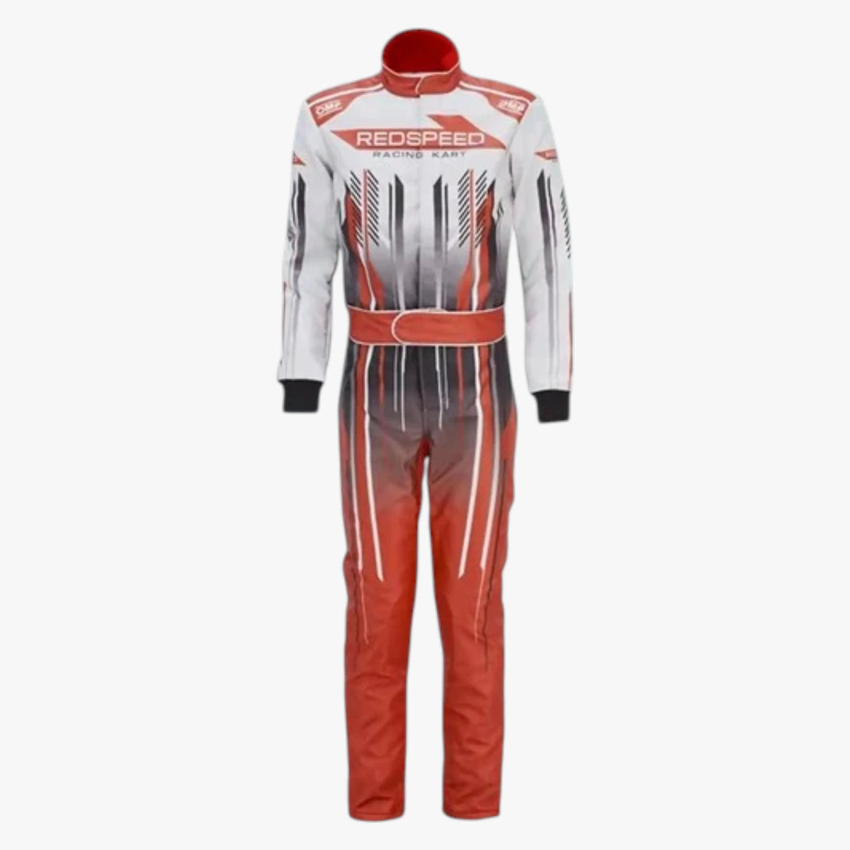 A long-sleeve racing suit from Redspeed Racing, featuring a white upper body with red and black graphic stripes, a red waist belt, and a red-to-black gradient lower body, shown against a plain white background.