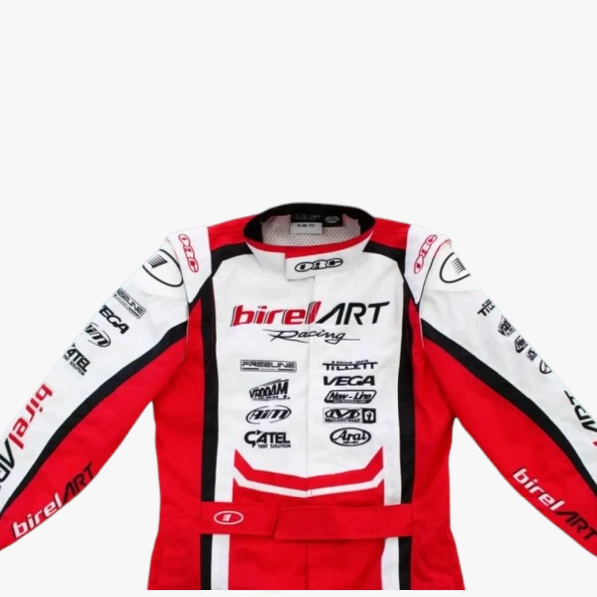 A red, white, and black BirelArt Racing long-sleeve racing suit jacket with various sponsor logos, displayed flat against a light gray background.