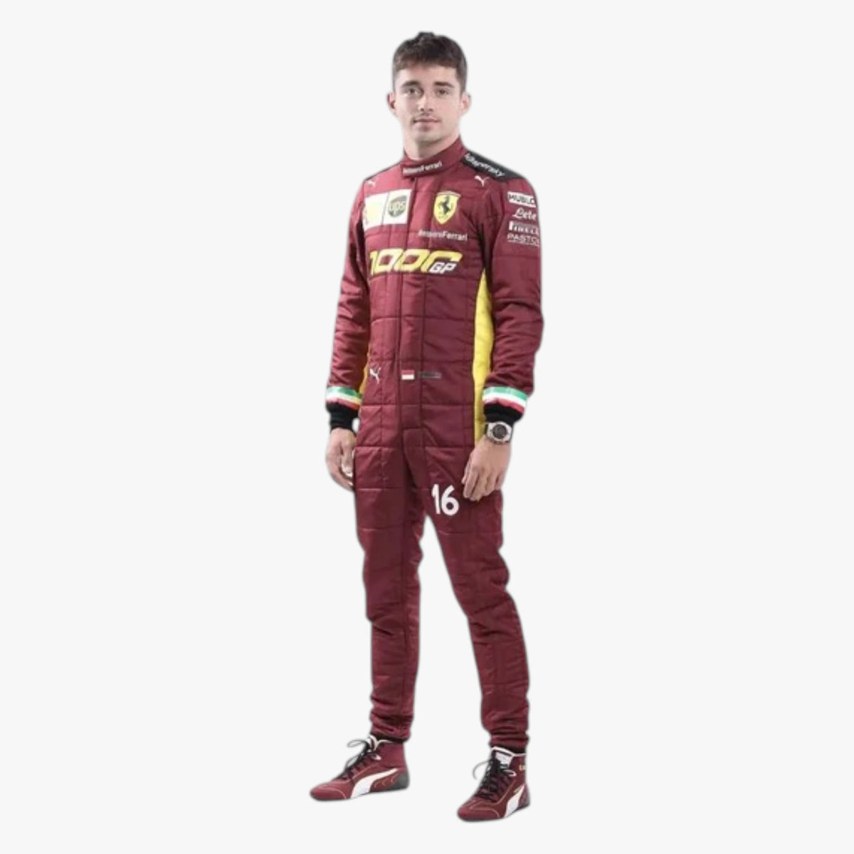 A man wearing a full-body maroon Ferrari racing suit with yellow and green side panels, sponsor logos, and the number 16, standing against a plain light gray background.