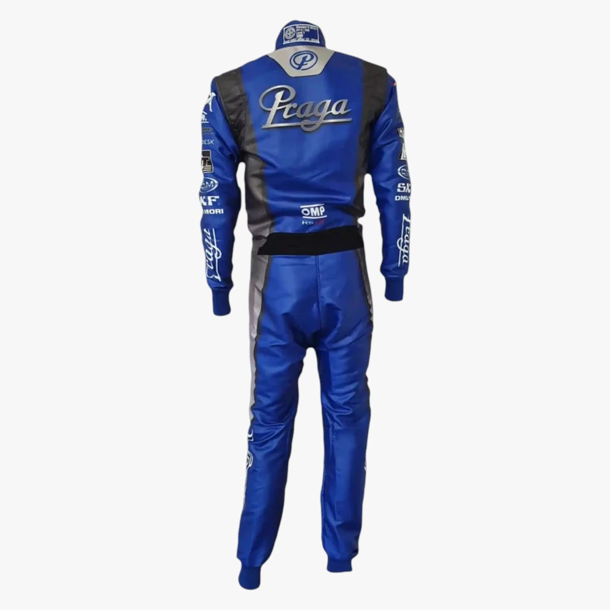 A blue and black racing suit shown from the back, featuring the 'Peaga' logo in white script across the upper back, with additional white sponsor logos and graphics on the sleeves and legs, set against a plain light gray background.