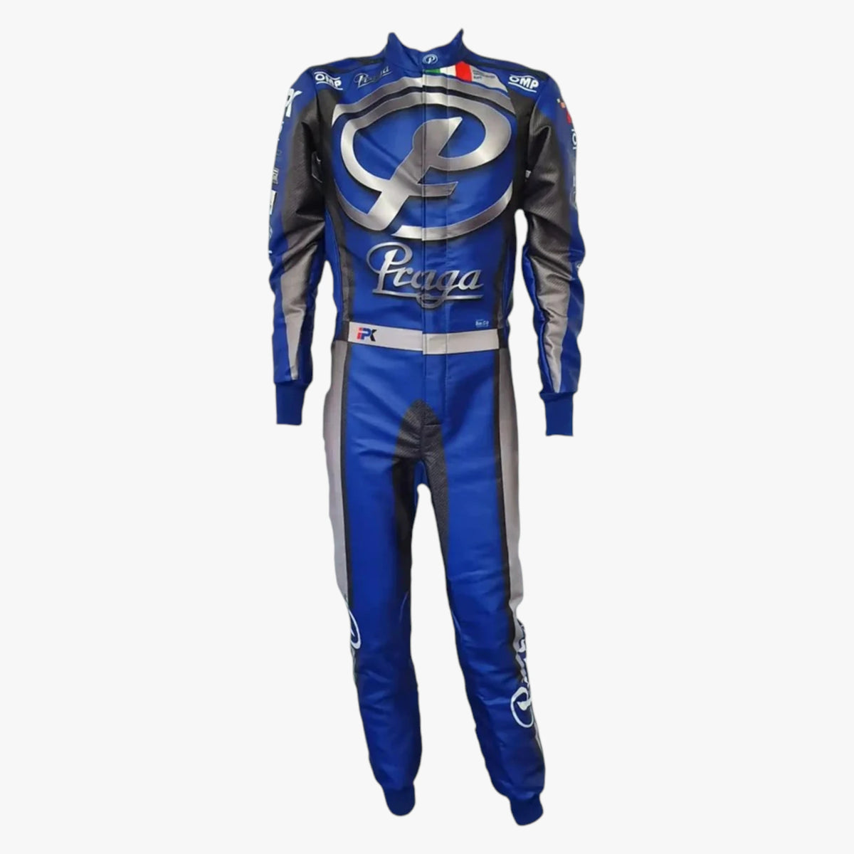 A blue and gray racing suit with silver and white graphics, featuring the 'Peuga' brand logo on the chest, displayed against a plain white background.