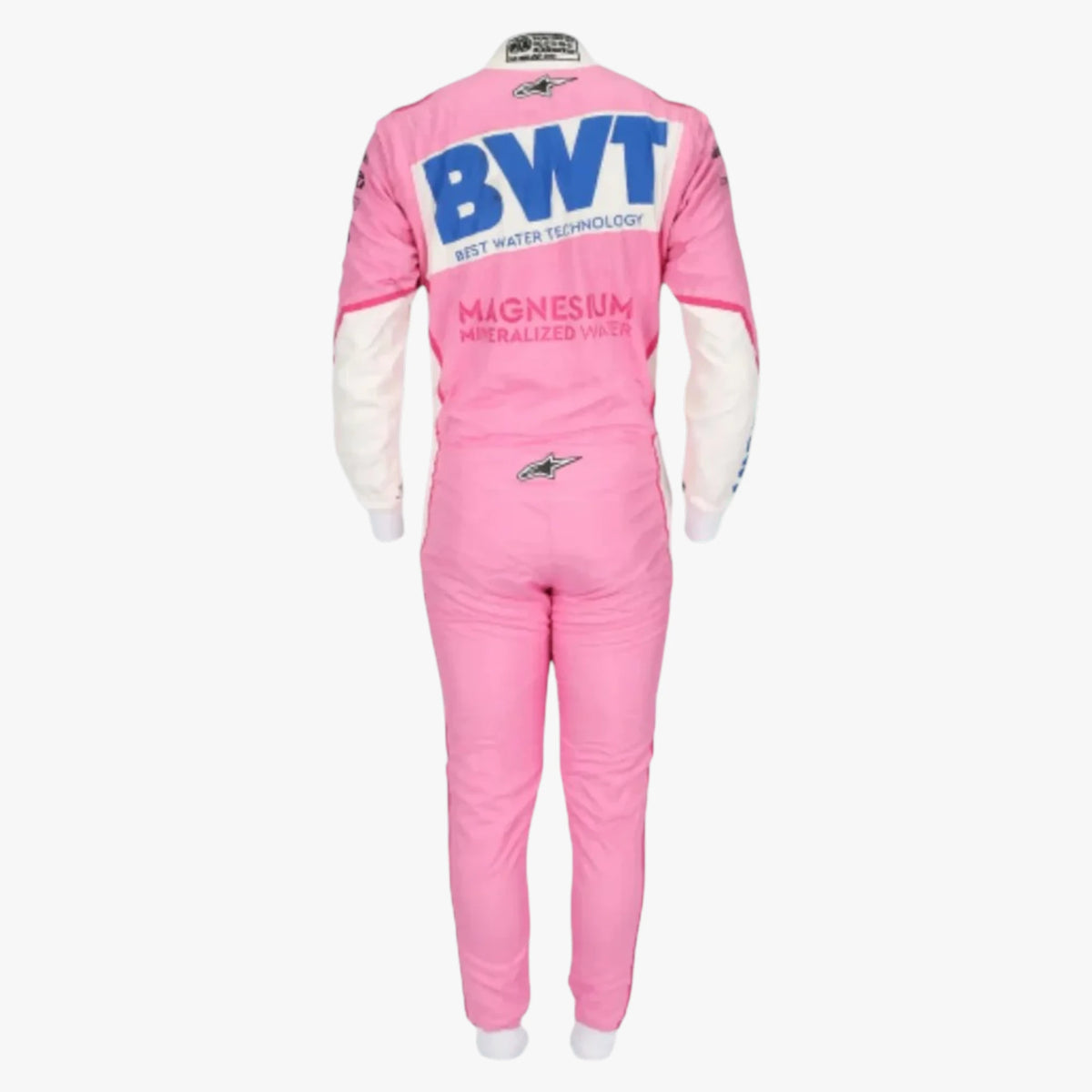 A pink and white long-sleeve racing suit shown from the back on a mannequin, featuring large blue 'BWT' lettering and 'Magnesium' branding on the back.