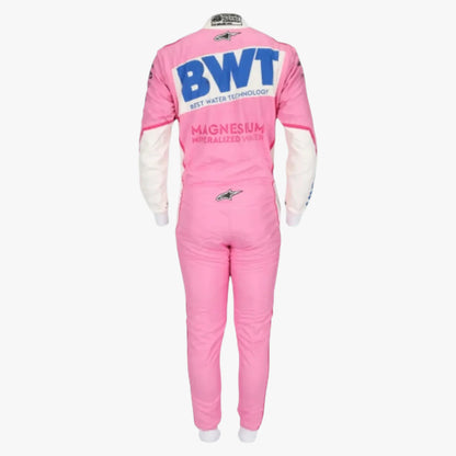 A pink and white long-sleeve racing suit shown from the back on a mannequin, featuring large blue 'BWT' lettering and 'Magnesium' branding on the back.