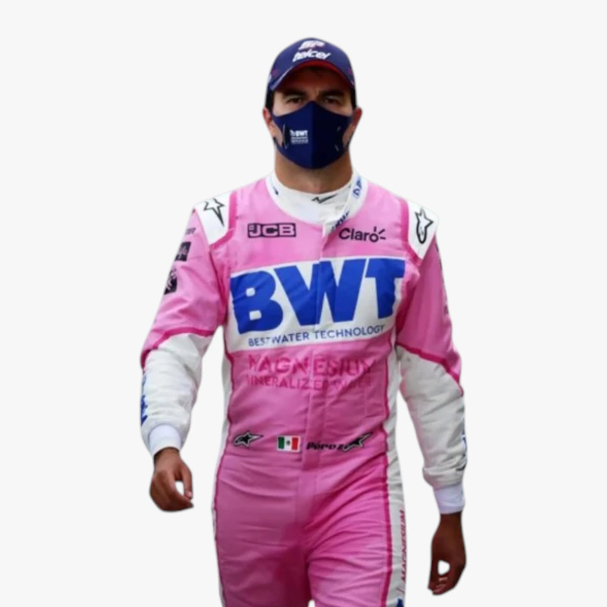 A man wearing a pink and white racing suit with large blue BWT logos, a dark blue cap, and a dark face mask, standing against a plain light gray background.