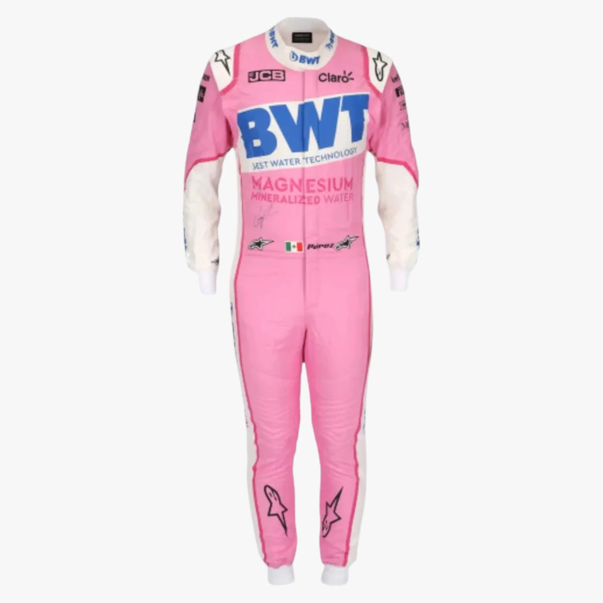 A pink Alpinestars racing suit with white sleeves and white side panels, featuring prominent blue 'BWT' sponsor text and other sponsor logos, shown against a plain white background.