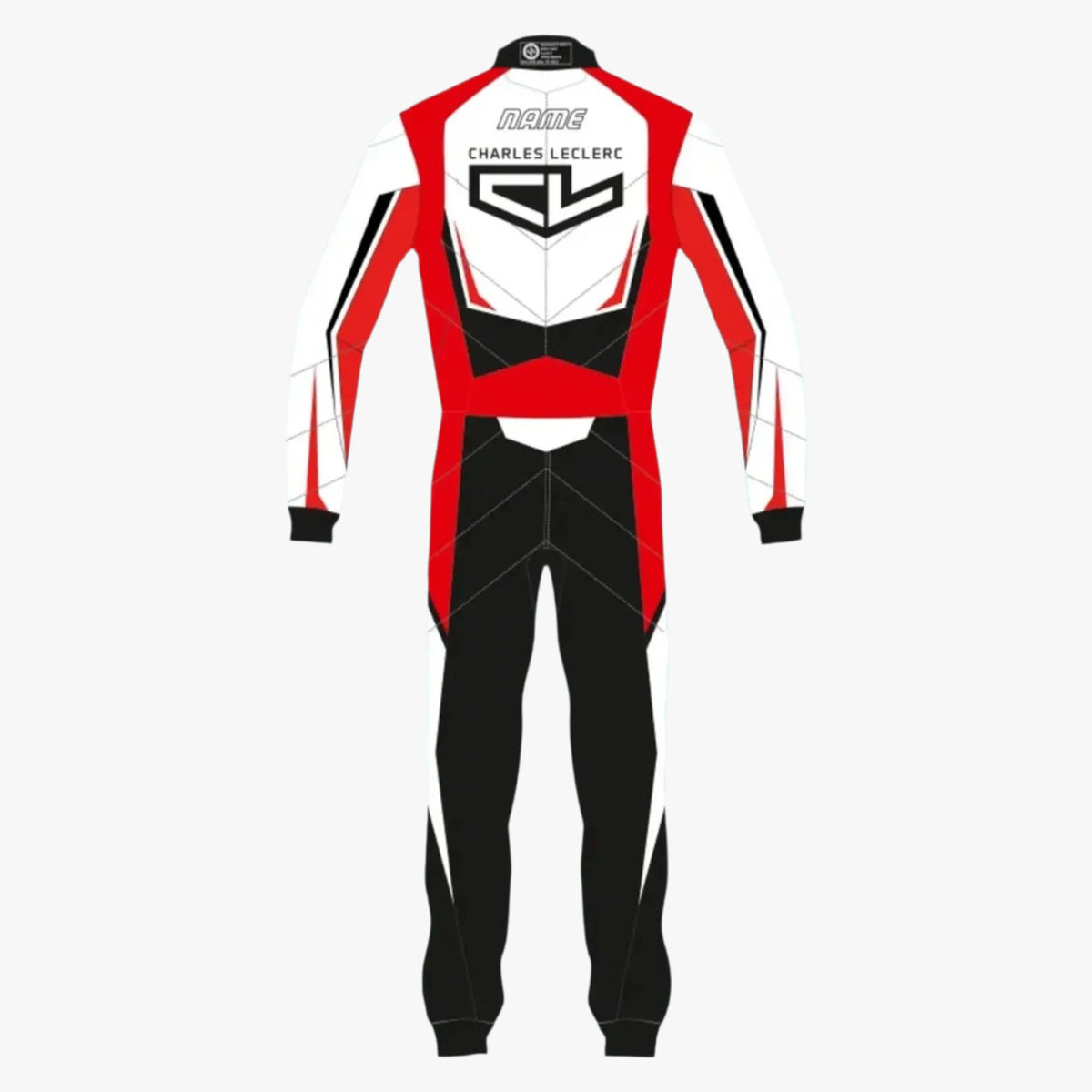 A full-body racing suit shown from the back on a light gray background. The suit is primarily white, red, and black with a large 'CL' logo and 'CHARLES LECLERC' text on the upper back, plus a small sponsor logo near the collar.