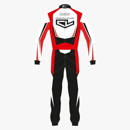 A full-body racing suit shown from the back on a light gray background. The suit is primarily white, red, and black with a large 'CL' logo and 'CHARLES LECLERC' text on the upper back, plus a small sponsor logo near the collar.