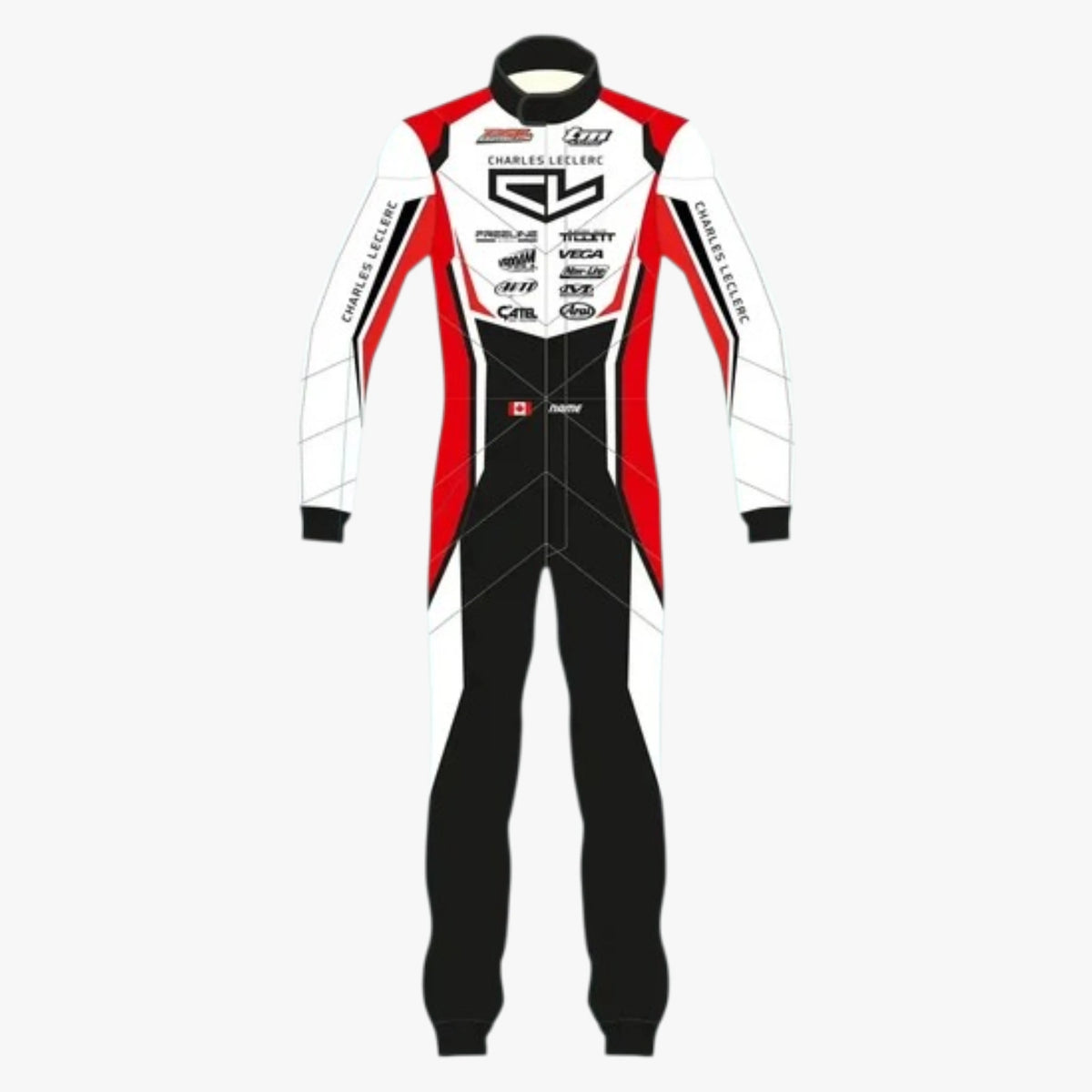 A full-body racing suit shown flat against a light gray background. The suit is primarily white with bold red side panels and black lower legs, plus multiple sponsor logos and text printed across the chest and sleeves.