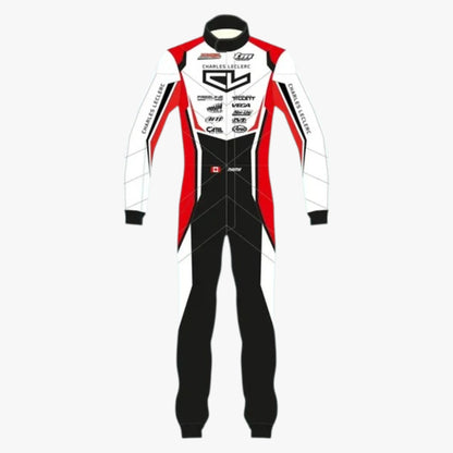 A full-body racing suit shown flat against a light gray background. The suit is primarily white with bold red side panels and black lower legs, plus multiple sponsor logos and text printed across the chest and sleeves.