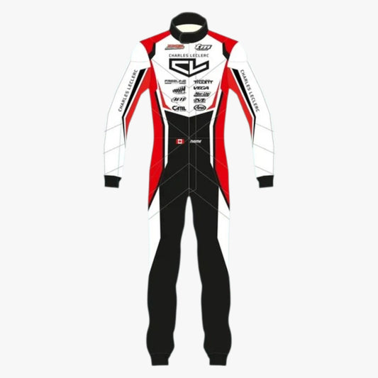 A full-body racing suit shown flat against a light gray background. The suit is primarily white with bold red side panels and black lower legs, plus multiple sponsor logos and text printed across the chest and sleeves.