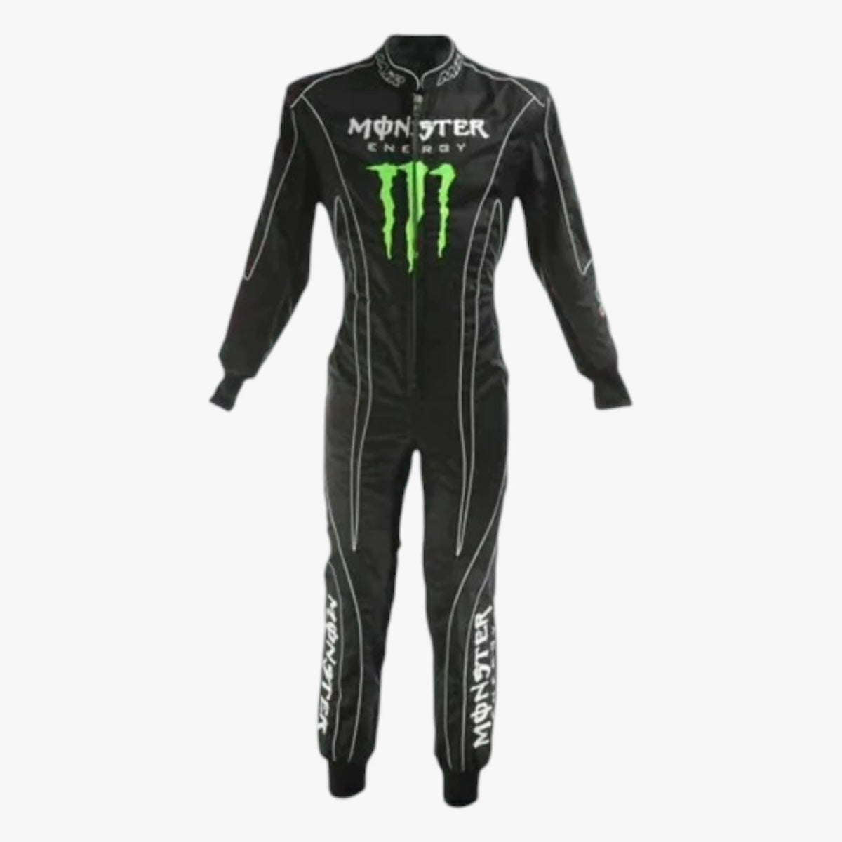 A black long-sleeve racing suit with white piping, featuring a large green Monster Energy claw logo and white Monster Energy text on the chest and down the legs, shown against a plain white background.