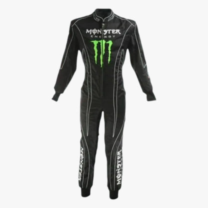 A black long-sleeve racing suit with white piping, featuring a large green Monster Energy claw logo and white Monster Energy text on the chest and down the legs, shown against a plain white background.