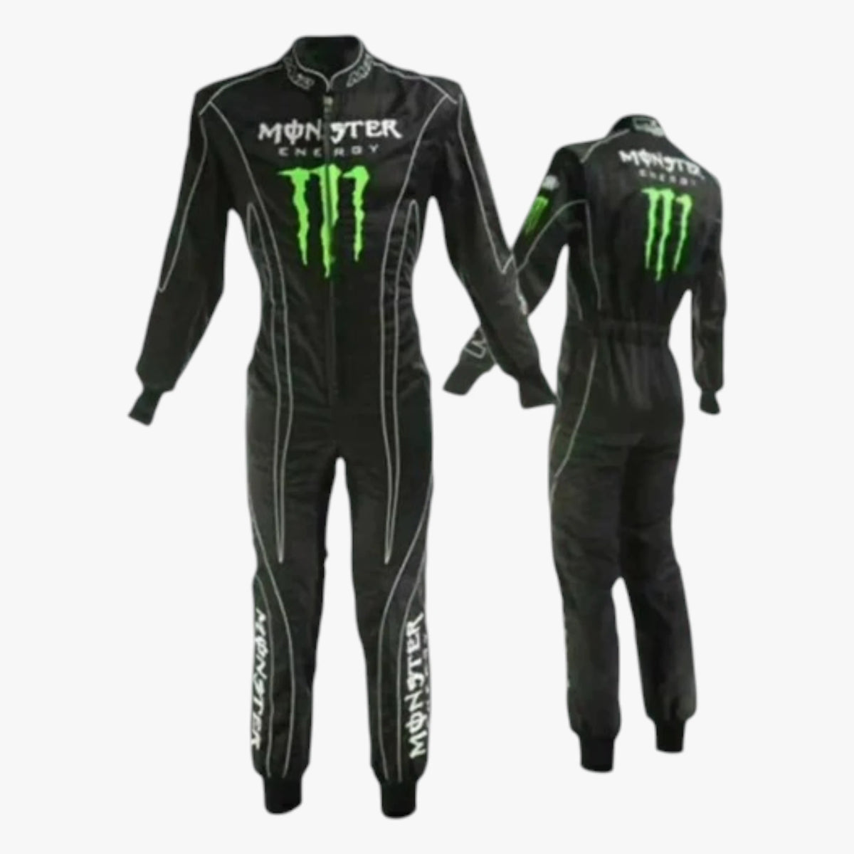 A black Monster Energy racing suit shown from the front and back, featuring the iconic green claw logo and white Monster Energy branding on a plain light gray background.