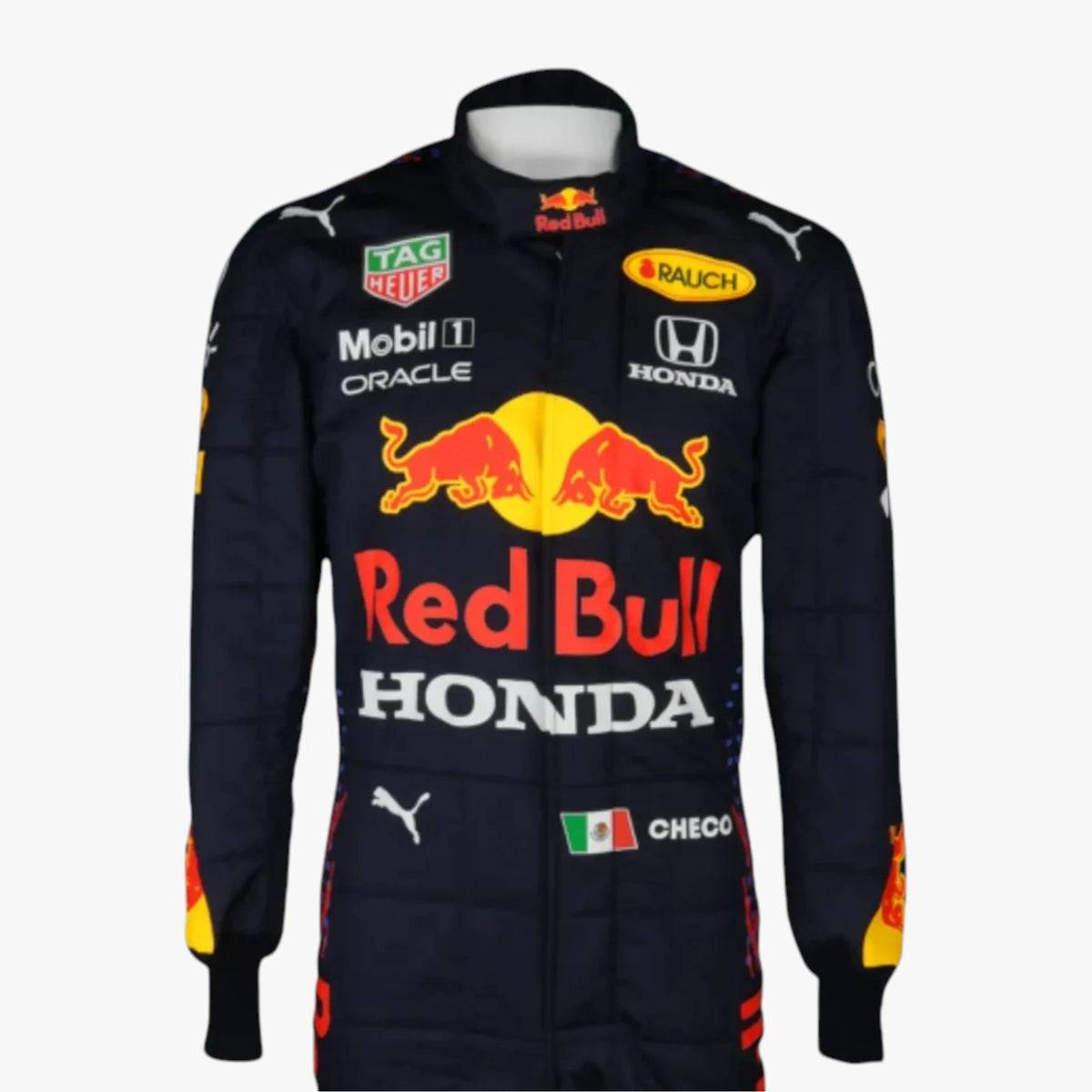 A dark navy Red Bull Racing team jacket with sponsor logos including Honda, Mobil 1, Oracle, TAG Heuer, Puma, and Bauch, displayed on a light gray background.