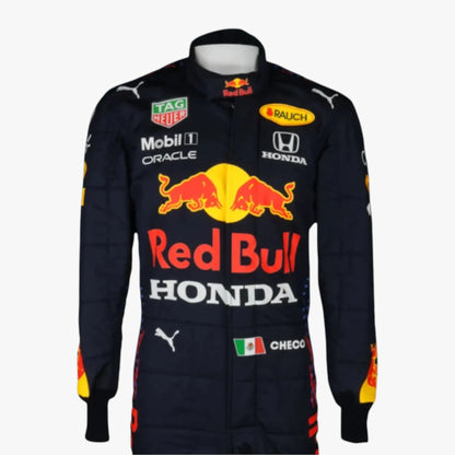 A dark navy Red Bull Racing team jacket with sponsor logos including Honda, Mobil 1, Oracle, TAG Heuer, Puma, and Bauch, displayed on a light gray background.