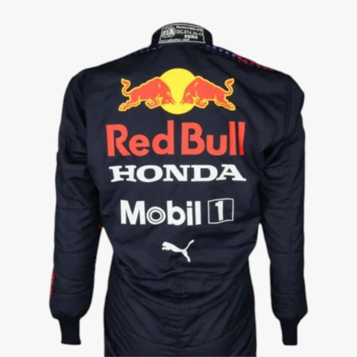 The back of a Red Bull Racing long-sleeve track jacket in dark navy blue, featuring large sponsor logos including Red Bull, Honda, Mobil 1, Puma, and Castore.
