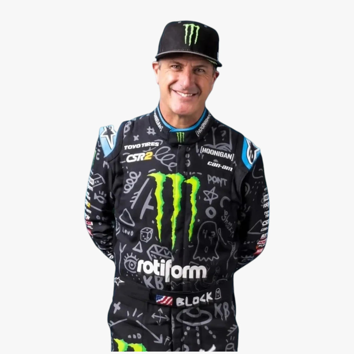 A man wearing a black racing suit with green and white Monster Energy and Rotiform logos, a black cap with a green Monster logo, and a white background.