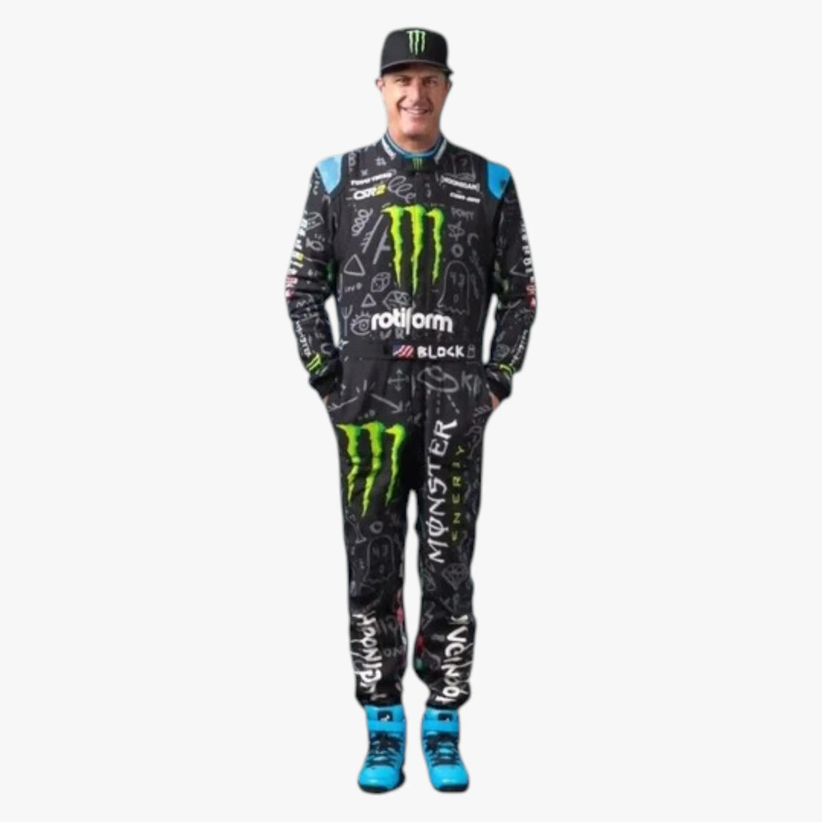 A man modeling a full racing suit and cap with Monster Energy branding, standing against a plain light gray background.