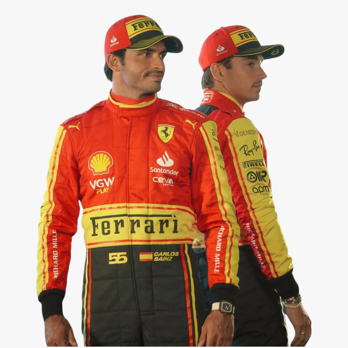 Two race drivers wearing red and yellow Ferrari racing suits and matching red caps with Ford and Ferrari branding, shown against a plain light gray background.