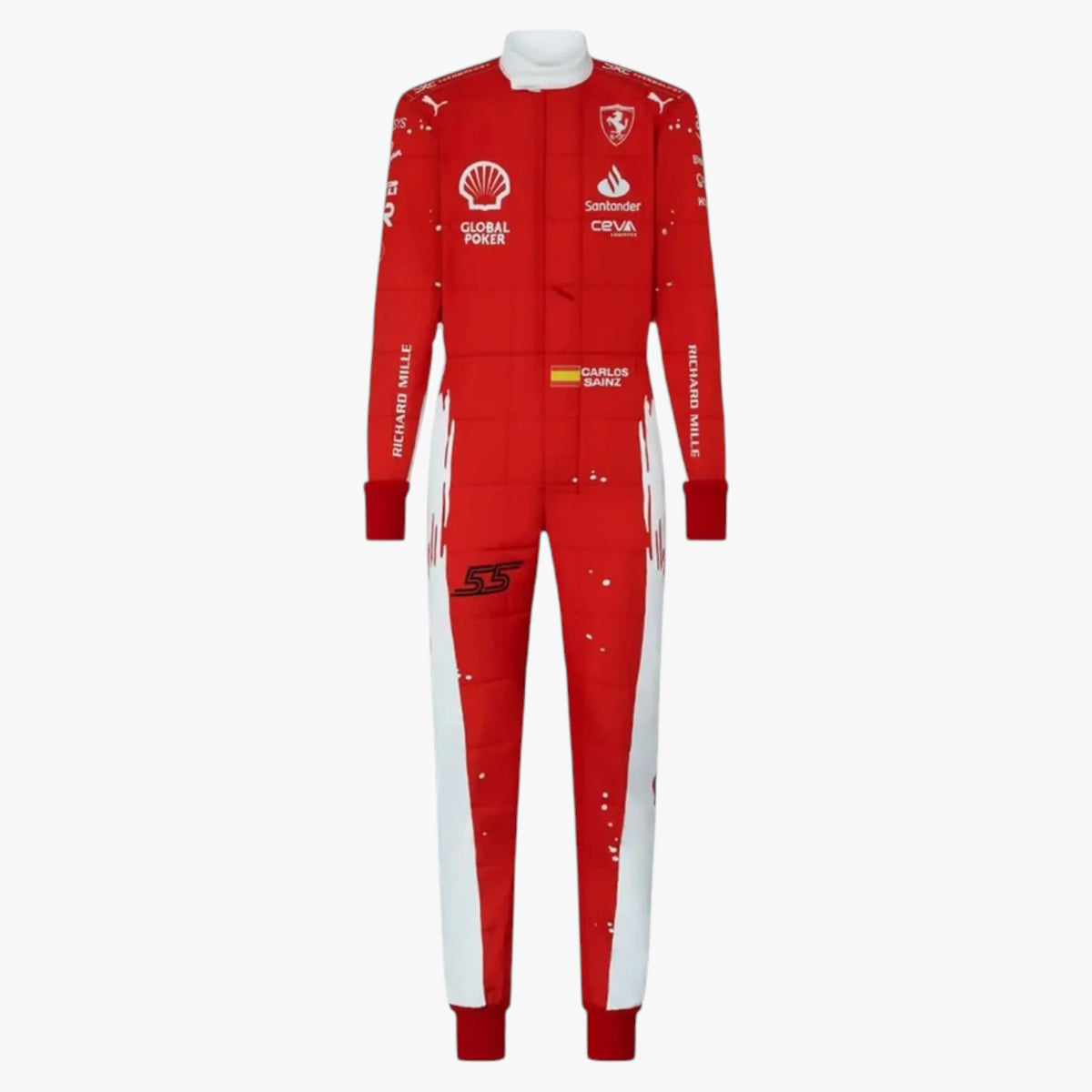 A red and white Scuderia Ferrari racing suit with sponsor logos including Shell, Creux, and Puma, displayed on a clean white background.