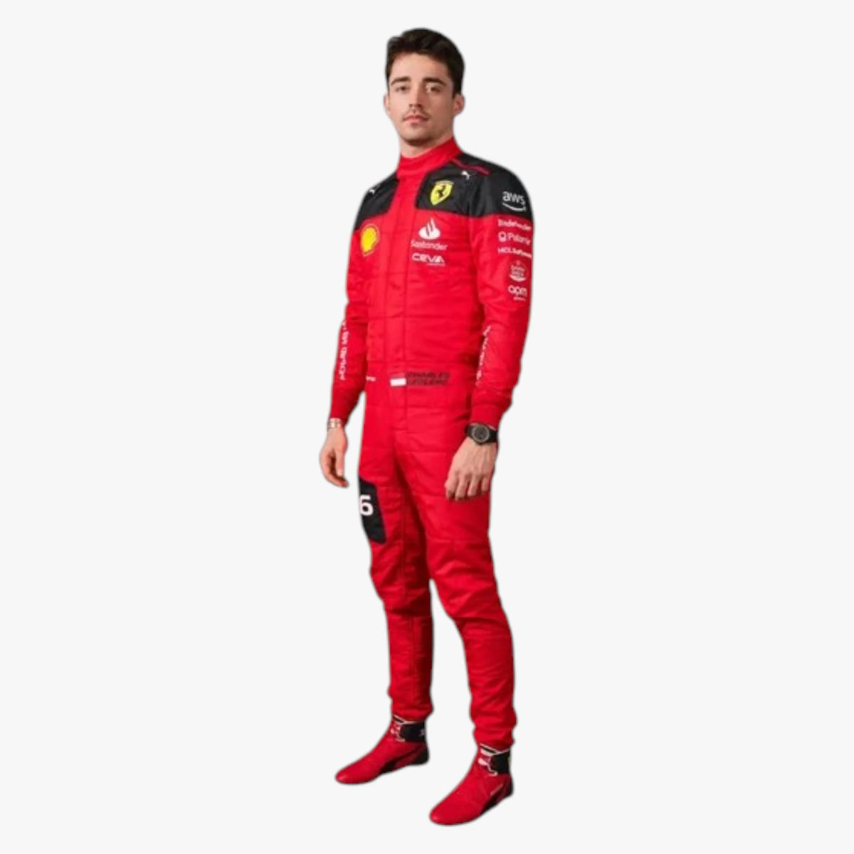 A man wearing a red and black Ferrari racing suit with sponsor logos, standing against a plain light gray background.