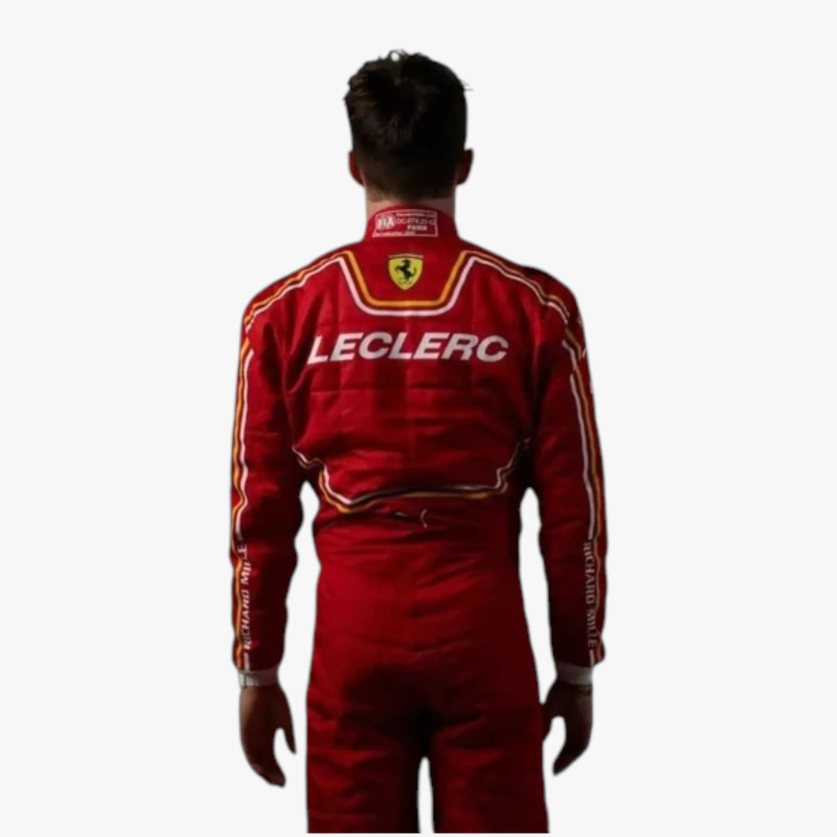 A man viewed from behind wearing a red Leclerc Ferrari racing suit with white and yellow trim, on a plain light gray background.
