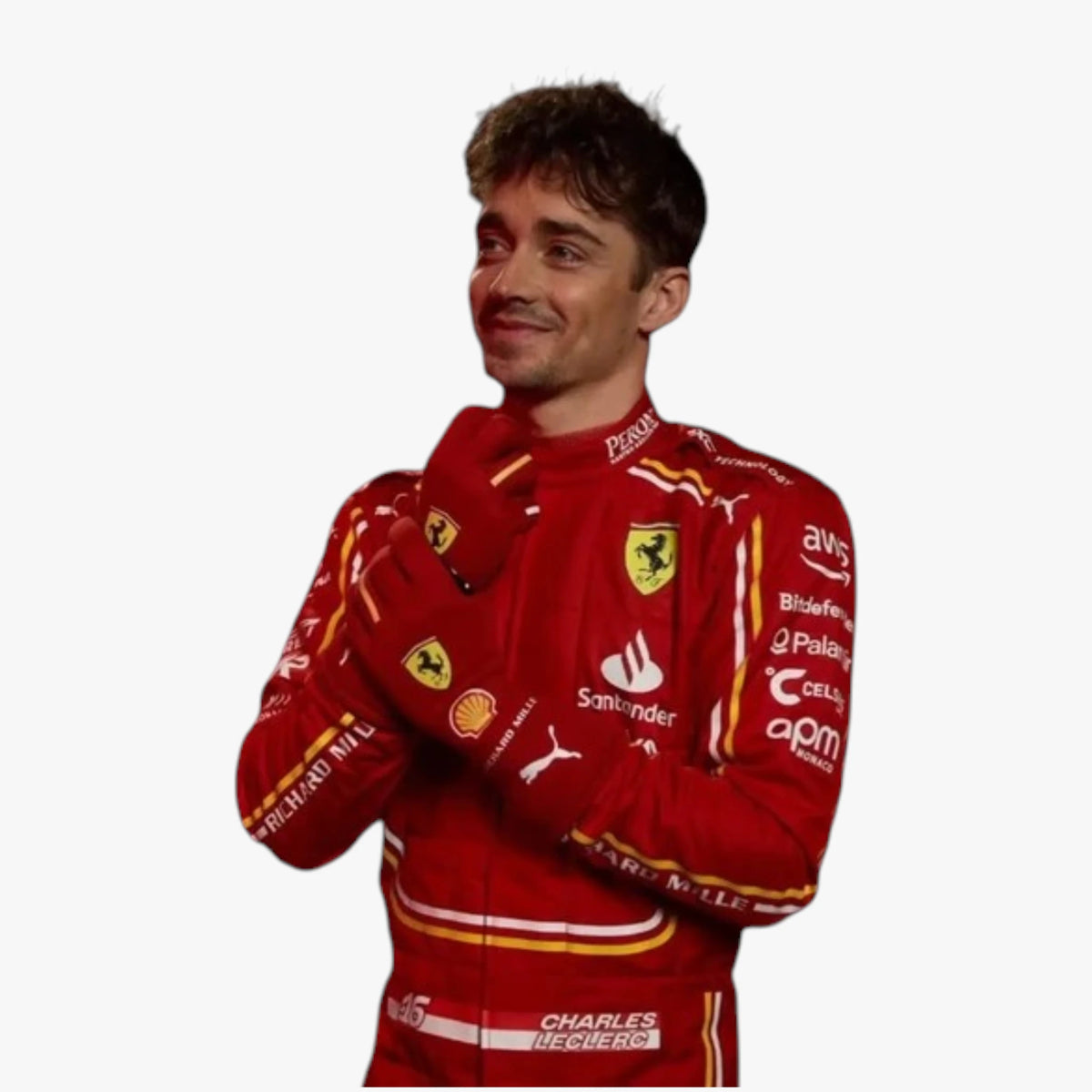 Charles Piccolini in a red Ferrari racing suit with sponsor logos, posing with his hands crossed against a plain white background.