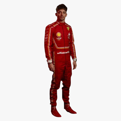 A full-body cutout of a man wearing a red Ferrari racing suit with yellow and white sponsor logos, set against a solid white background.