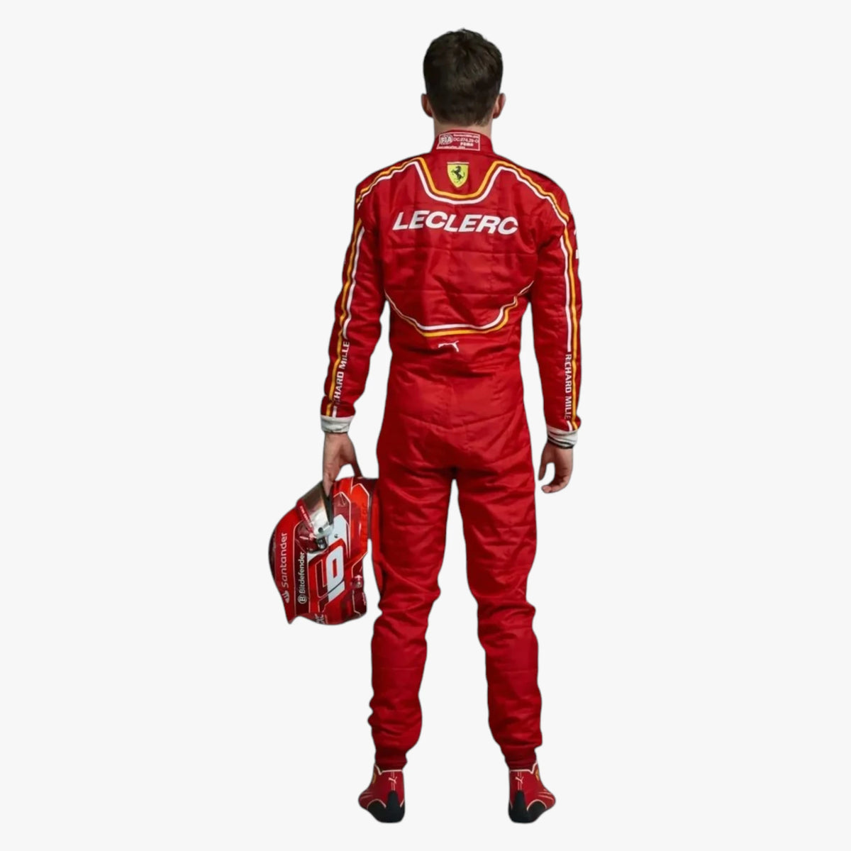 A man shown from behind wearing a red Leclerc Ferrari racing suit, holding a matching red helmet against a plain white background.