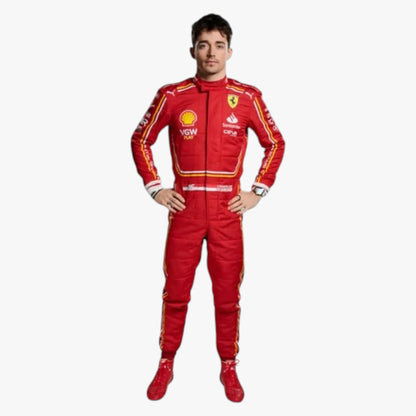 A man wearing a red Ferrari racing suit with yellow and white sponsor logos, standing against a plain light gray background.