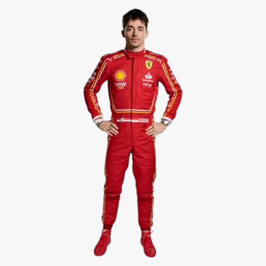A man wearing a red Ferrari racing suit with yellow and white sponsor logos, standing against a plain light gray background.