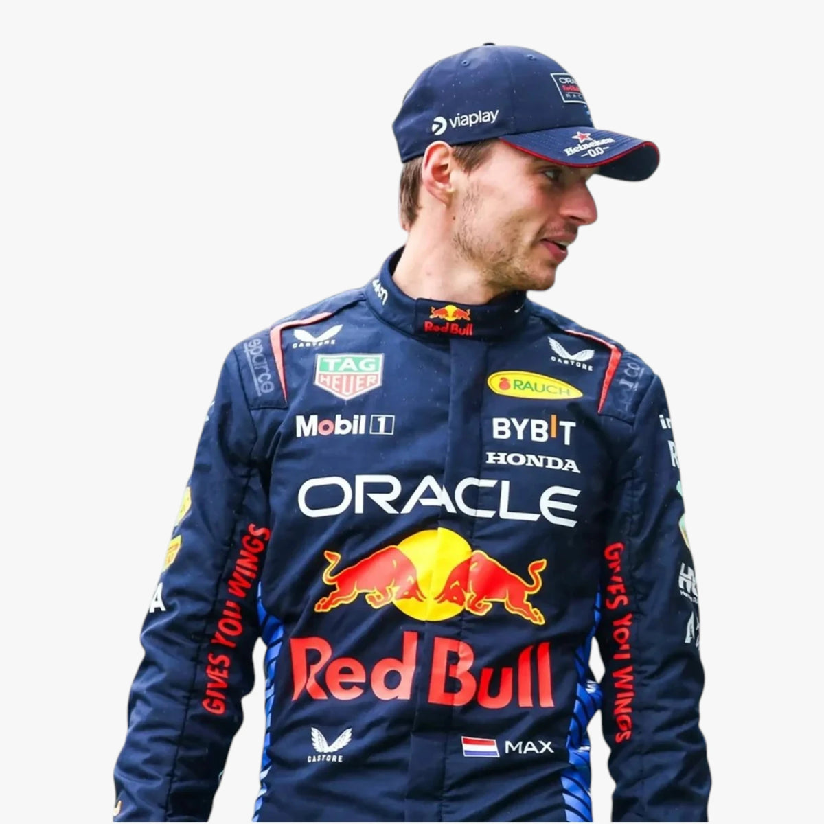 A man wearing a Red Bull Racing team jacket and matching cap, photographed against a plain light gray studio background. The jacket has prominent Oracle, Red Bull, Mobil 1, Bybit, Honda, and other sponsor logos.