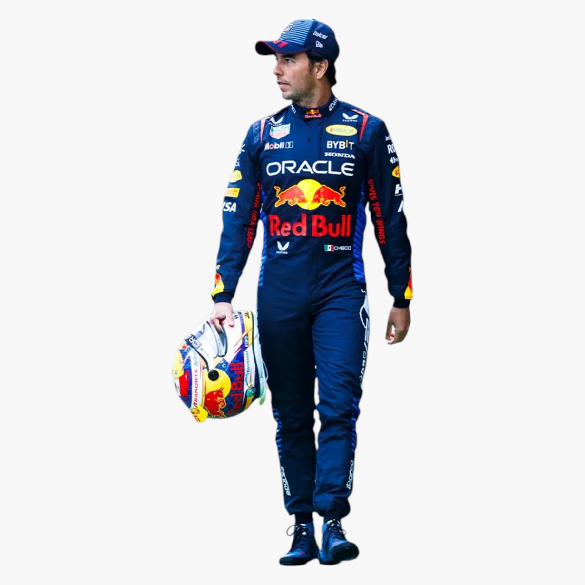 A man wearing a full Red Bull Racing suit and cap, holding a colorful helmet, standing against a plain white background.