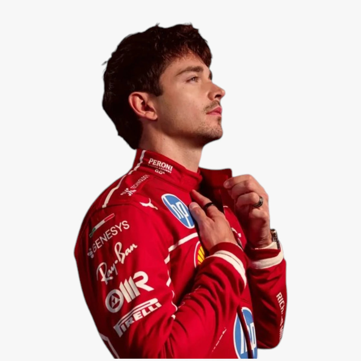 A man in a red Ferrari racing suit with sponsor logos, shown in profile against a light gray background.