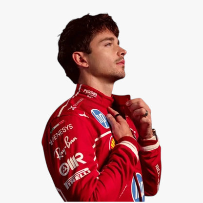 A man in a red Ferrari racing suit with sponsor logos, shown in profile against a light gray background.