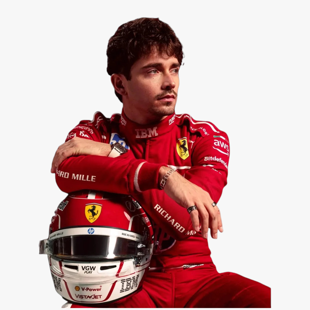 A man in a red Ferrari racing suit and matching helmet sits against a light gray background, with his arms crossed over the helmet. Visible branding includes Ferrari, Scuderia Ferrari, and sponsor logos such as IBM, VGTW, and Castore.