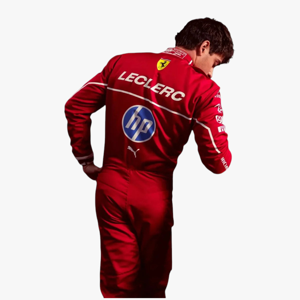A man wearing a red Ferrari racing suit, viewed from behind, with visible Leclerc, HP, Puma, and Scuderia Ferrari branding on a plain white background.