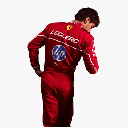 A man wearing a red Ferrari racing suit, viewed from behind, with visible Leclerc, HP, Puma, and Scuderia Ferrari branding on a plain white background.