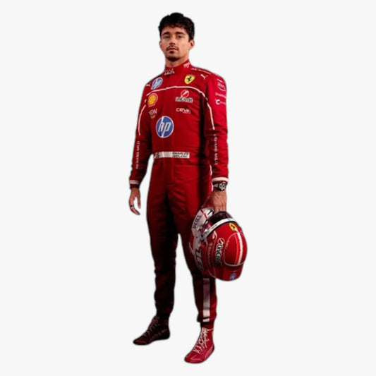 A full-body cutout of a man wearing a red Ferrari racing suit and helmet, standing against a plain white background. The suit features multiple sponsor logos including HP, Shell, and Cognizant.