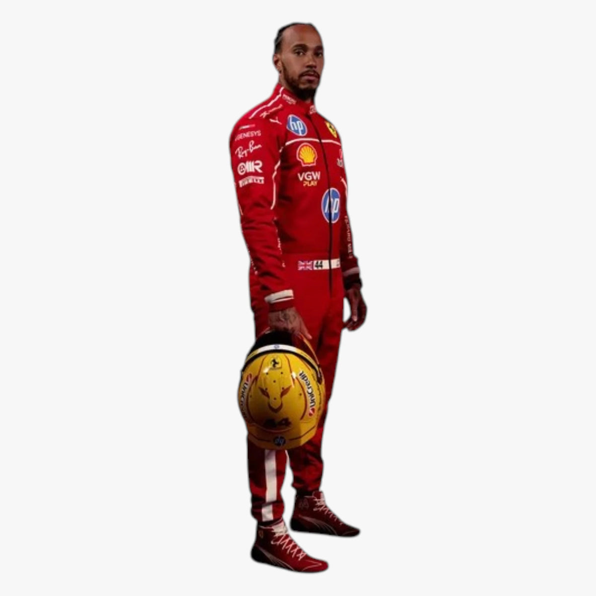 A full-body cutout of Formula 1 driver Lewis Hamilton wearing a red Ferrari racing suit and holding a yellow helmet, isolated on a white background.