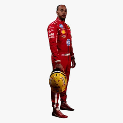 A full-body cutout of Formula 1 driver Lewis Hamilton wearing a red Ferrari racing suit and holding a yellow helmet, isolated on a white background.