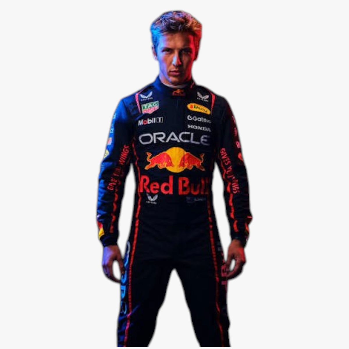 A man wearing a Red Bull Racing team racing suit with Oracle, Honda, and Mobil 1 logos, standing against a plain white background.
